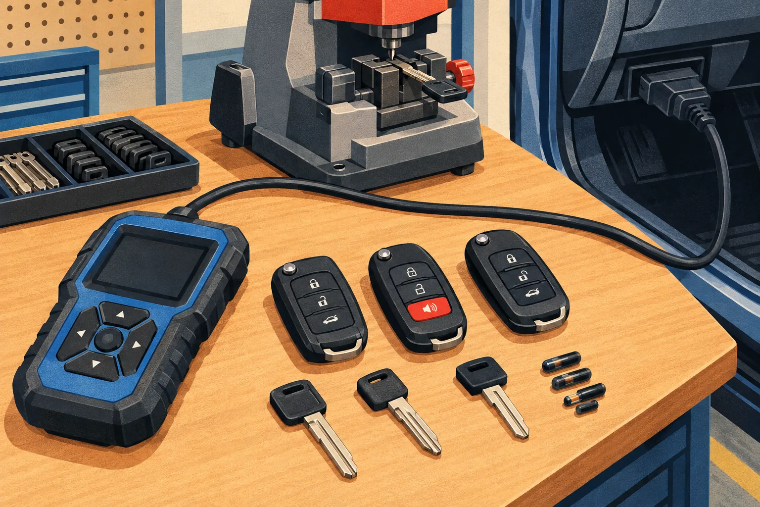 Car key fob programming tools and transponder key blanks laid out for a car key replacement