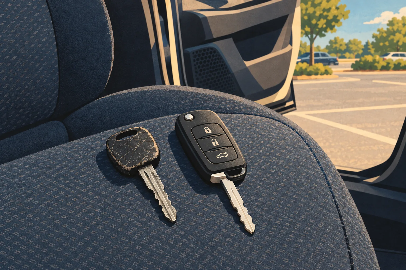 Old worn car key next to a newly cut replacement car key on a car seat after locksmith service